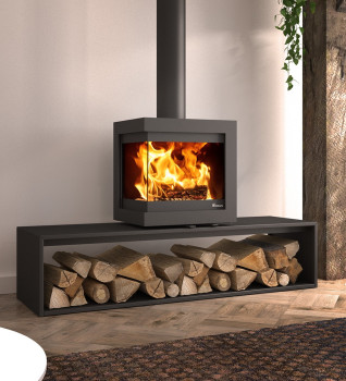Dik Geurts Bora Corner 6.7kW Wood Burning Ecodesign Stove on Plateau Bench