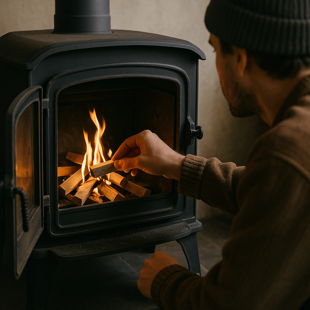 a man lighting a wood-burning stove 