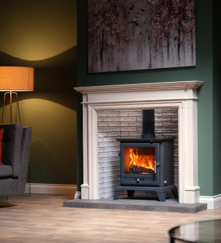 Gallery Classic Widescreen Oxford Grey Stove - Lifestyle shot shown with Bartello Aegean Limestone Surround
